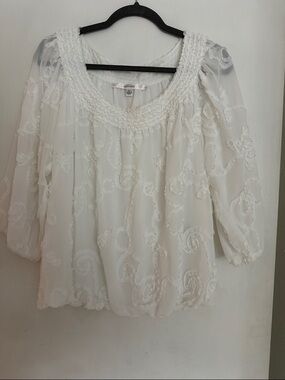 Studio M White Sheer Smocked Yoke Blouse